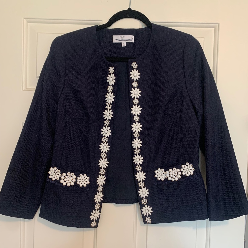 RSVP by Talbots Navy Floral Beaded Jacket Sz 8